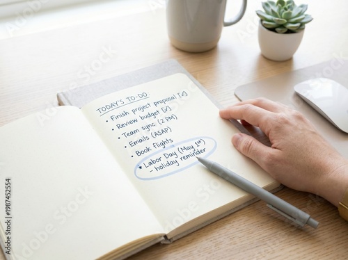 Handwritten todo list in a notebook on a desk with a pen and computer mouse