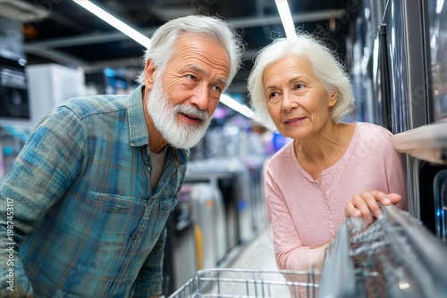 portrait of modern senior couple grocery shopping in supermarket, smiling happily
