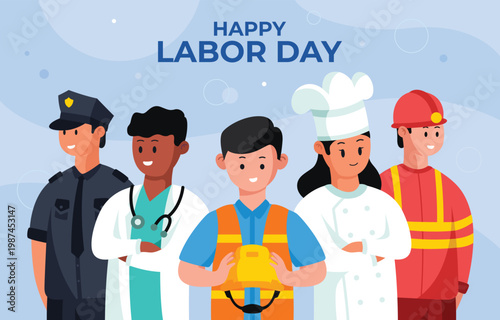 Happy labor day illustration featuring diverse workers and professions