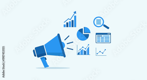 Blue Megaphone with Business Icons.