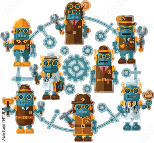 Steampunk robot teamwork circle with mechanical characters, gears and tools, detailed vector illustration for engineering, automation, industry and collaborative technology concepts
