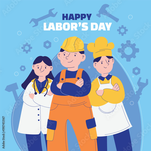 Happy labor day celebrating workers in various professions with illustration