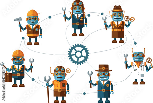 Steampunk robot teamwork circle with mechanical workers connected by gears and tools, creative vector illustration for engineering, automation, industry and collaborative technology concepts