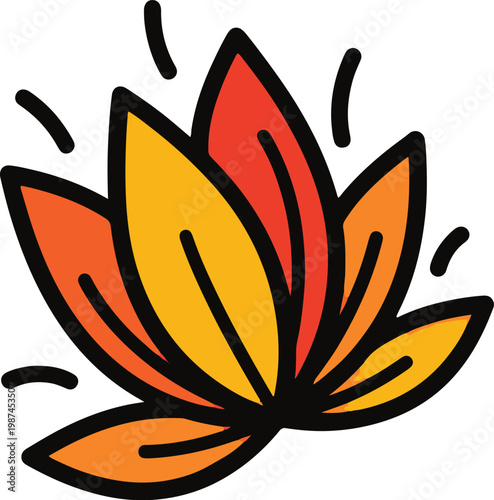 Stylized fiery lotus flower icon with a bold black outline and warm red, orange, and yellow petals.