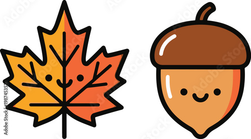 Cute kawaii autumn characters, a smiling orange maple leaf and a happy brown acorn icon set.