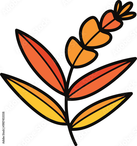 Hand-drawn autumn plant sprig with vibrant orange and yellow gradient leaves and a thick black outline.