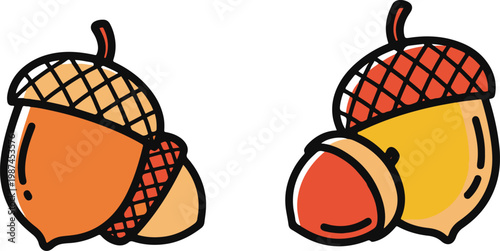 Stylized cartoon acorns in warm autumn colors with textured cross-hatch caps and bold outlines.