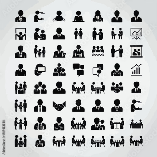 Set of 49 Black Business People and Office Activity Icons Vector