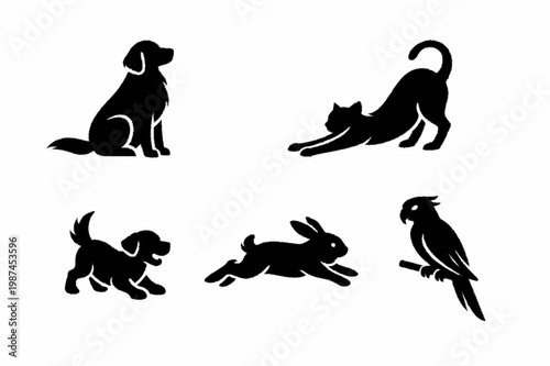 Minimalist Black Silhouette Collection of Domestic Pets and Animals
