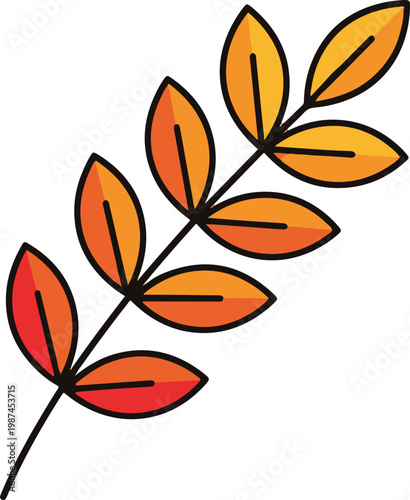 Stylized autumn sprig with orange and yellow gradient leaves and bold black outlines.