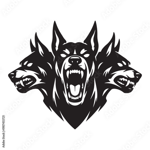 Cerberus mythological three headed dog vector, aggressive hellhound mascot with sharp teeth, black and white underworld beast illustration