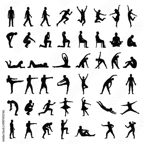 44 Human Poses and Actions Silhouette Vector Set - Diverse Body Positions Collection