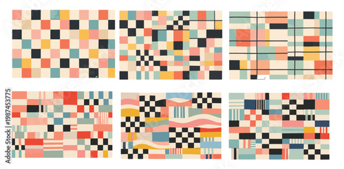 Abstract Geometric Seamless Pattern Set with Retro Checkerboard, Hand-Drawn Mosaic Shapes and Mid-Century Modern Elements