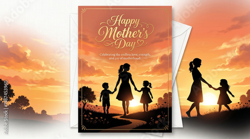 Touching Mother's Day Greeting Card Mother and Adult Daughter Holding Hands Silhouette Sunrise Background Generational Bond