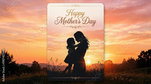 Beautiful Mother's Day Card with Mother Holding Young Daughter Silhouette Against Golden Sunset Sky Happy Mother's Day Text