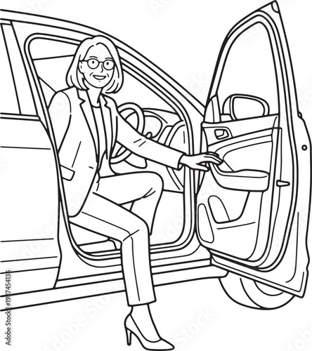 Line art of a professional businesswoman getting out of a car arriving at work minimalist