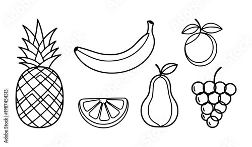 Creative continuous line tropical fruit composition with pineapple banana citrus pear and grapes flowing monoline vector isolated on white