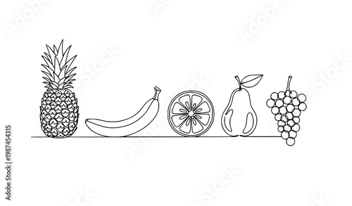 Continuous one line exotic fruit set with pineapple banana citrus pear and grapes minimal monoline vector isolated on white