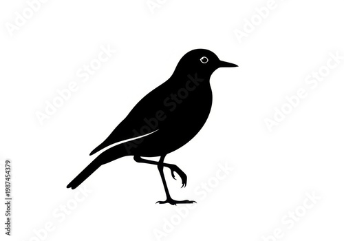 Black silhouette of a small songbird standing on one leg profile