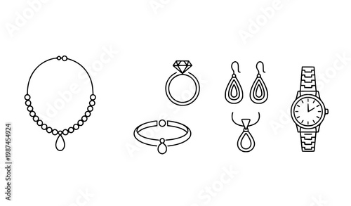 Jewelry Line Icon Set Minimalist Accessories Necklace Ring Earring Vector