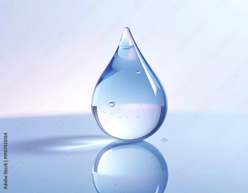 Fototapeta premium Minimalist hydrating serum drop on reflective surface, symbolizing skincare, purity, and moisture. Ideal for beauty branding, cosmetic advertising, and wellness marketing visuals.