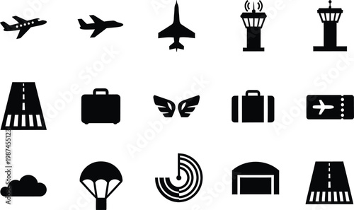 Collection of black and white icons representing various aviation and air travel elements.