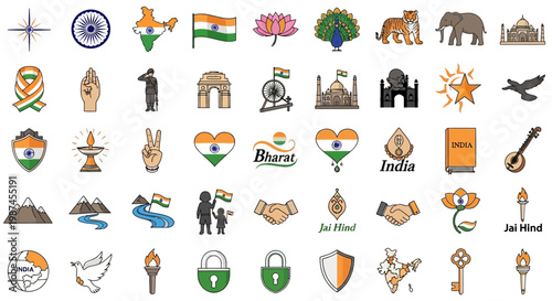 Collection of Indian Independence Day and Republic Day themed icons and symbols.
