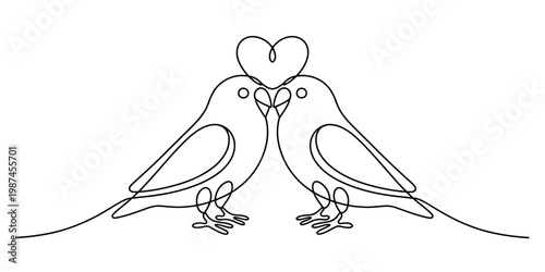 Minimalist continuous line art design featuring two loving birds sharing a heart shape symbol Vector, illustration