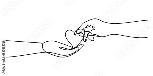 A minimalist single line drawing of two hands holding a heart with a tangled abstract design. Vector, illustration
