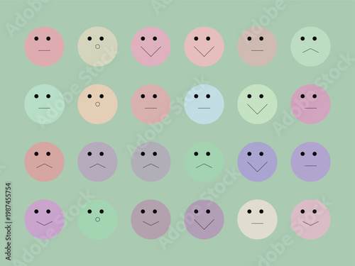 Collection of various colorful smiley faces on green background with different expressions and emotions