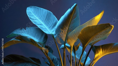 indoor strelitzia plant with large leaves and a single flower, dark room, artificial lighting only, bright blue light clearly from the left
