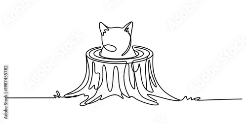 A continuous line drawing of a small kitten peaking out from the center of a large tree stump Vector, illustration