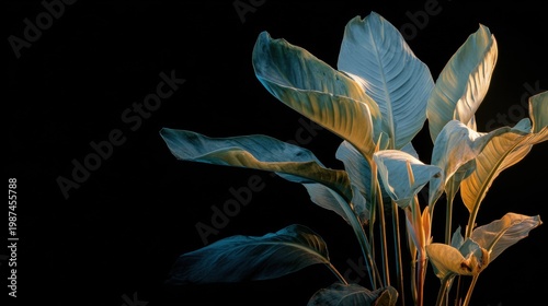 indoor strelitzia plant with large leaves and a single flower, dark room, artificial lighting only, bright blue light clearly from the left
