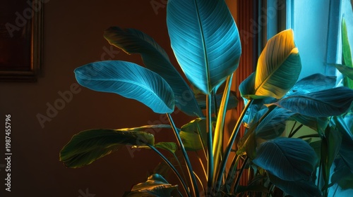 indoor strelitzia plant with large leaves and a single flower, dark room, artificial lighting only, bright blue light clearly from the left
