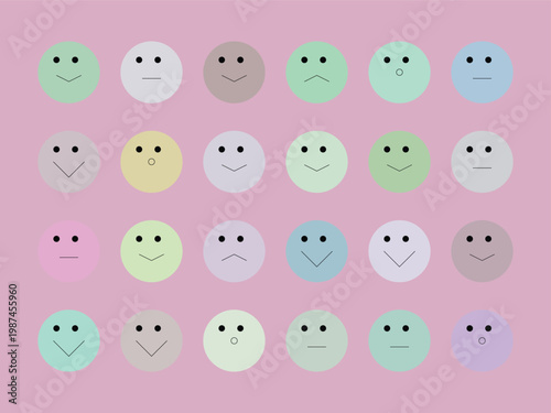 Collection of various colorful smiley faces on purple background