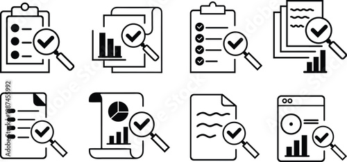 Business audit and document verification line icon set with checklist report and analytics symbols