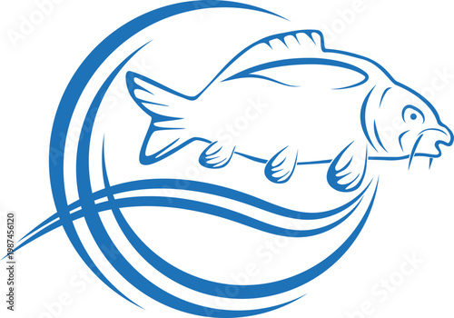 Wallpaper Mural Karpfen und Wellen in blau gezeichnet, Karpfen, Fisch, Logo, Angeln, Sport, Icon	 Torontodigital.ca