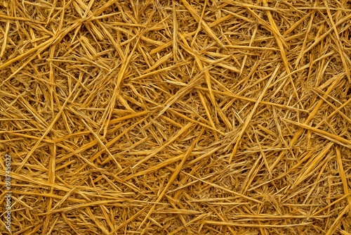 Top Down View of Dry Golden Yellow Straw Hay Bundle with Randomly Scattered Overlapping Thin Stalks Forming Natural Rustic Texture Background
