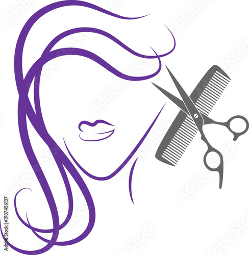Frau, Schere und Kamm, Frau, Haare, Friseur, Logo, Hintergrund	