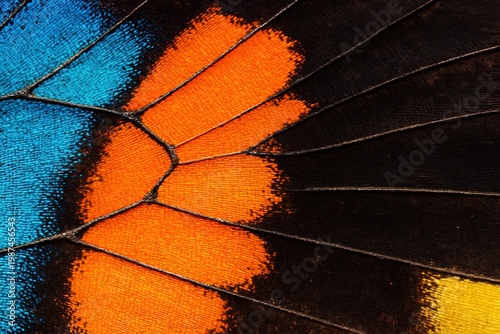 Extreme Macro Close-Up of Tropical Butterfly Wing Showing Vivid Orange Blue and Black Scale Pattern with Fine Vein Lines, Nature Texture
