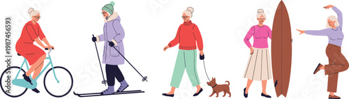 Active Senior Women Vector Set with Cycling Skiing Walking Dog Surfing and Healthy Lifestyle Illustration Collection