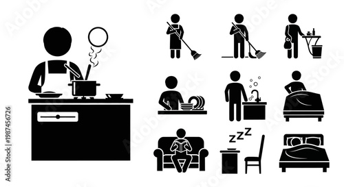 Daily routine stick figures set depicting various household activities and leisure.