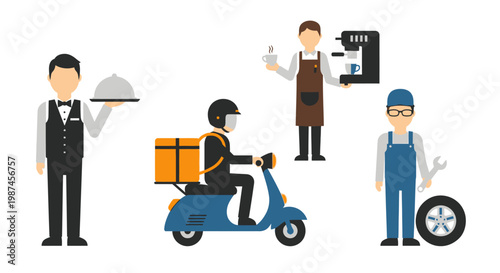 Diverse service professionals including a waiter delivery driver barista and mechanic.