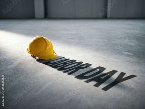 A yellow hard hat sitting on a concrete floor with labor day text shadow, symbolizing work and holiday