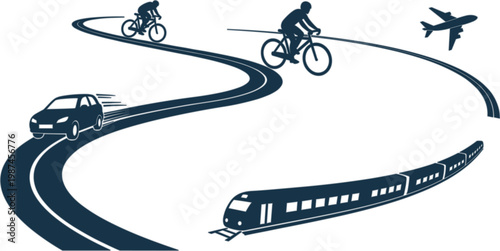 Transportation journey concept with winding road, cyclists, airplane and train, minimal vector illustration representing travel, movement, route planning and modern mobility design