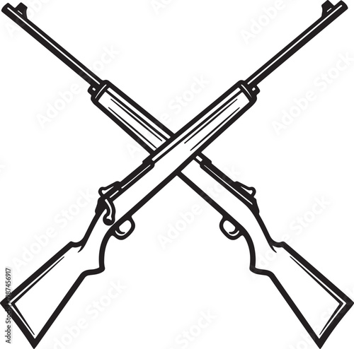 Black and white line of two crossed rifles also transparent background, guns firearms ammunition