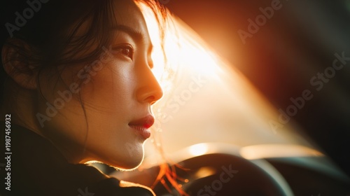 close-up side profile of an Asian stylish woman driving a car, Light brown interior of the car ，bright warm sunlight illuminating her face, high-key lighting, golden warm tones
