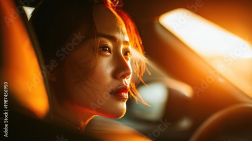 close-up side profile of an Asian stylish woman driving a car, Light brown interior of the car ，bright warm sunlight illuminating her face, high-key lighting, golden warm tones
