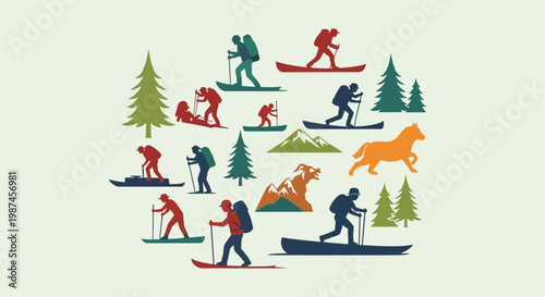 Outdoor adventure silhouettes featuring hikers skiers and nature elements.