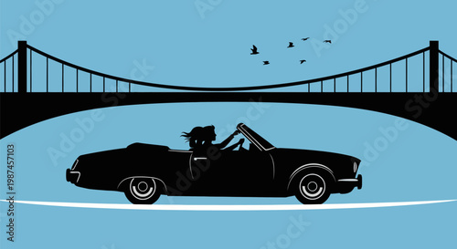 Silhouette of a classic convertible car with two people driving under a bridge.